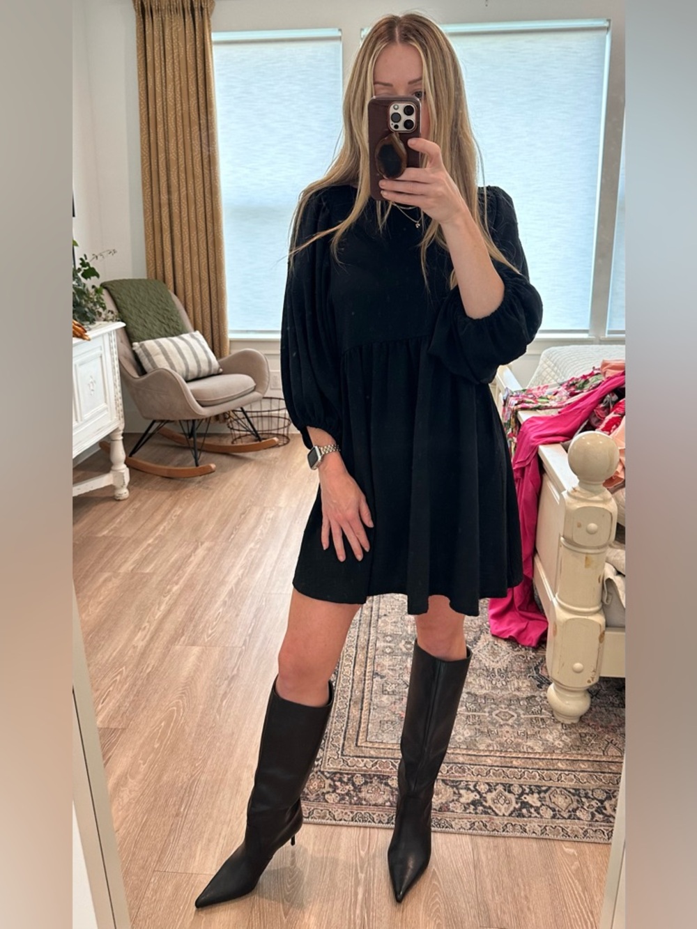 Melrose and Market Black Balloon-Sleeve Babydoll Mini Dress